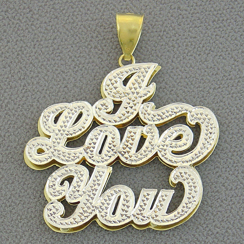 Solid 10k or 14k gold double plate I Love You 3D pendant with white-tone diamond accents and pave finish