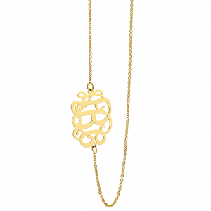 Solid 14k yellow gold three-initial sideways monogram necklace pendant on a fine chain