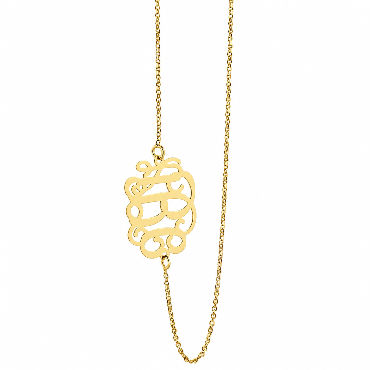 Solid 14k yellow gold three-initial sideways monogram necklace pendant on a fine chain