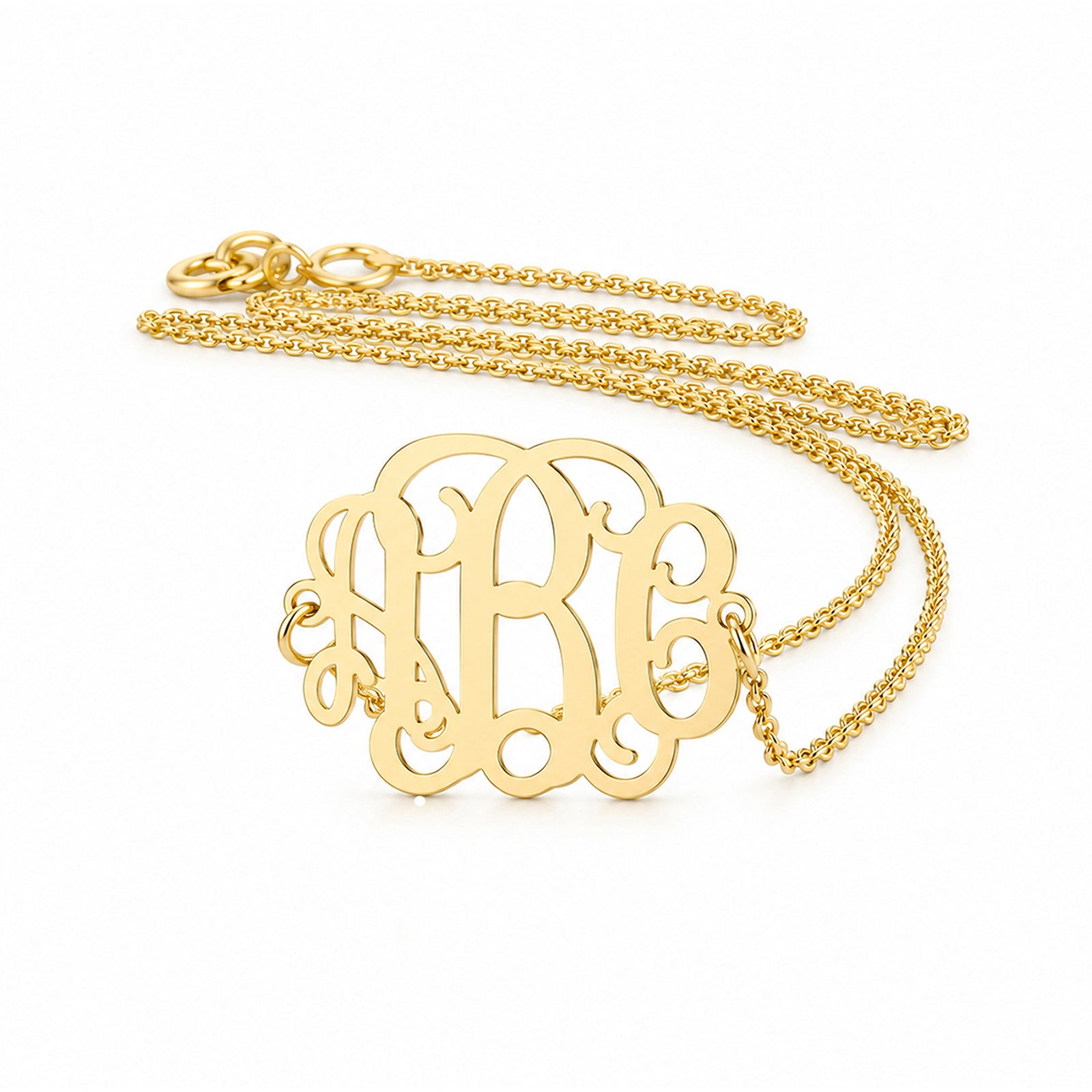 Solid 10k or 14k gold mini sideways monogram necklace with ABC three-initial pendant and fine chain on a white background.