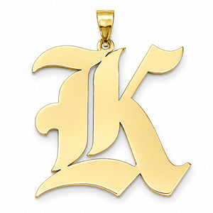 Solid 10k or 14k yellow gold Old English letter K initial pendant charm with a high-polish finish isolated on a white background.