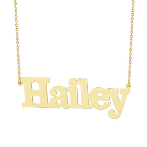 Solid 10k or 14k gold personalized block font name necklace featuring the name Hailey.