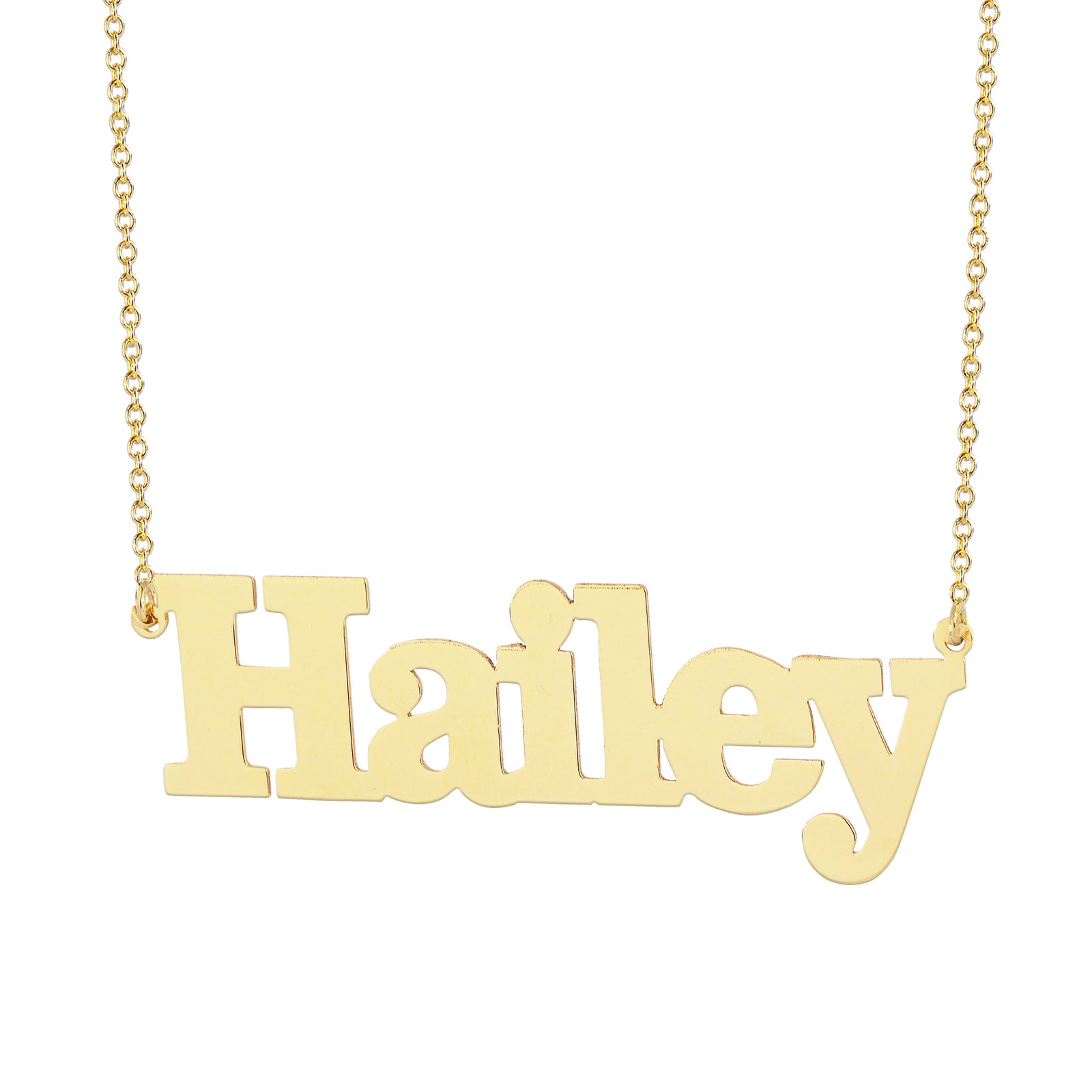 Solid 10k or 14k gold personalized block font name necklace featuring the name Hailey.
