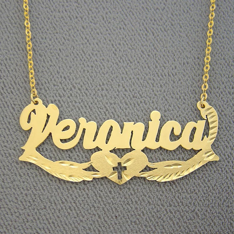 Custom 14k yellow gold Veronica name necklace with praying hands, cross, and heart pendant