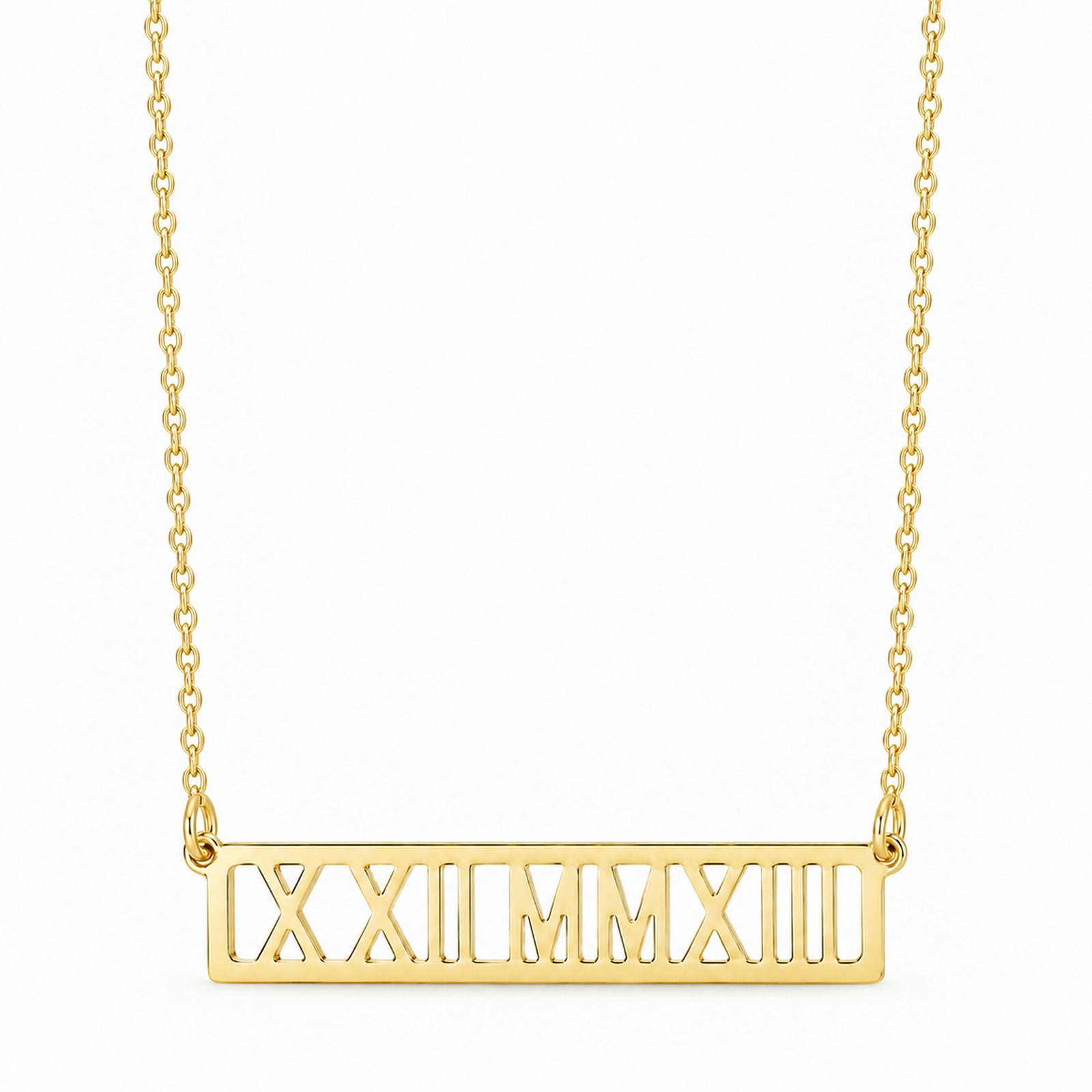 Yellow gold Roman numeral bar necklace with a horizontal cutout date pendant on a white background