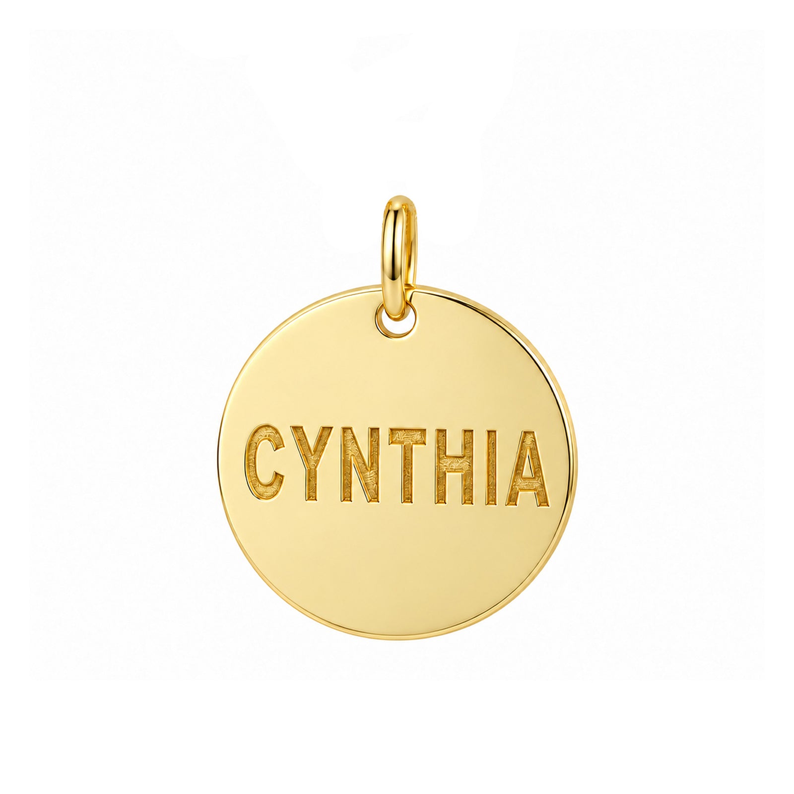 Front view of a polished yellow gold round disc pendant engraved Cynthia, shown without a chain.
