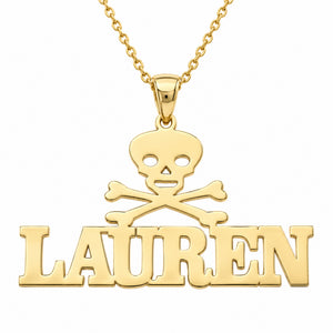 Yellow gold LAUREN skull-and-crossbones nameplate pendant hanging from a gold chain on a white background.