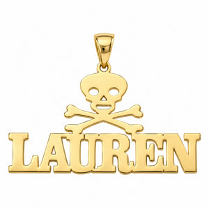 Yellow gold LAUREN name pendant with a skull and crossbones above block letters and a polished bail on white.