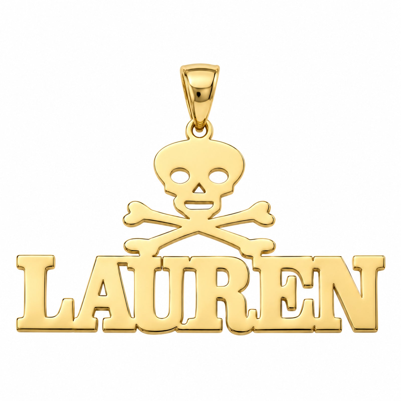 Yellow gold LAUREN name pendant with a skull and crossbones above block letters and a polished bail on white.