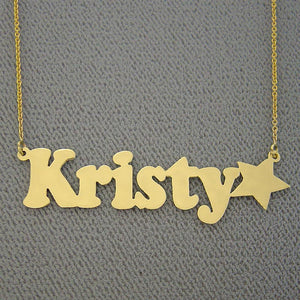 Solid 10k or 14k yellow gold personalized nameplate necklace spelling Kristy with block letters and a star end accent.
