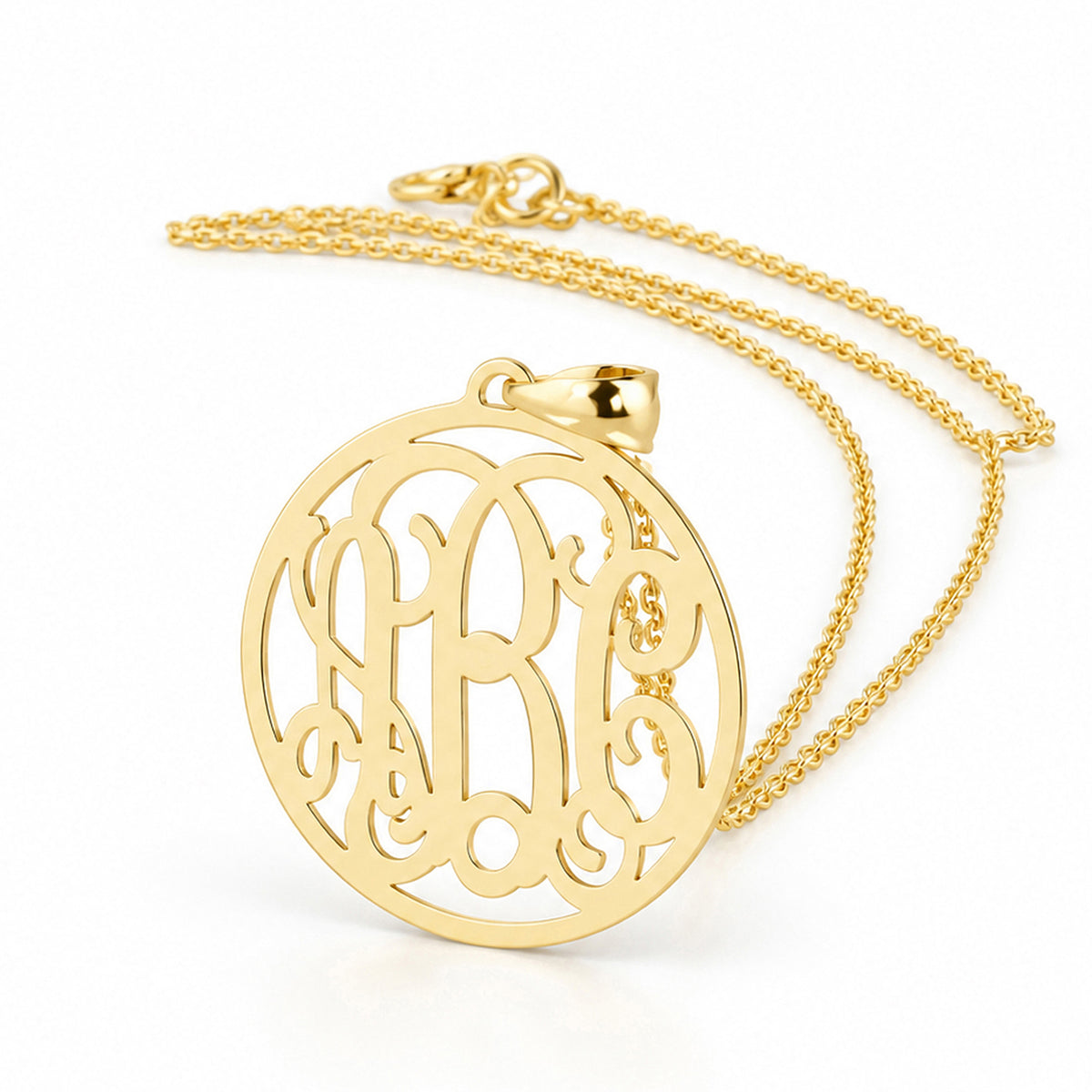 Three-initial solid gold circle monogram pendant on a matching gold chain.