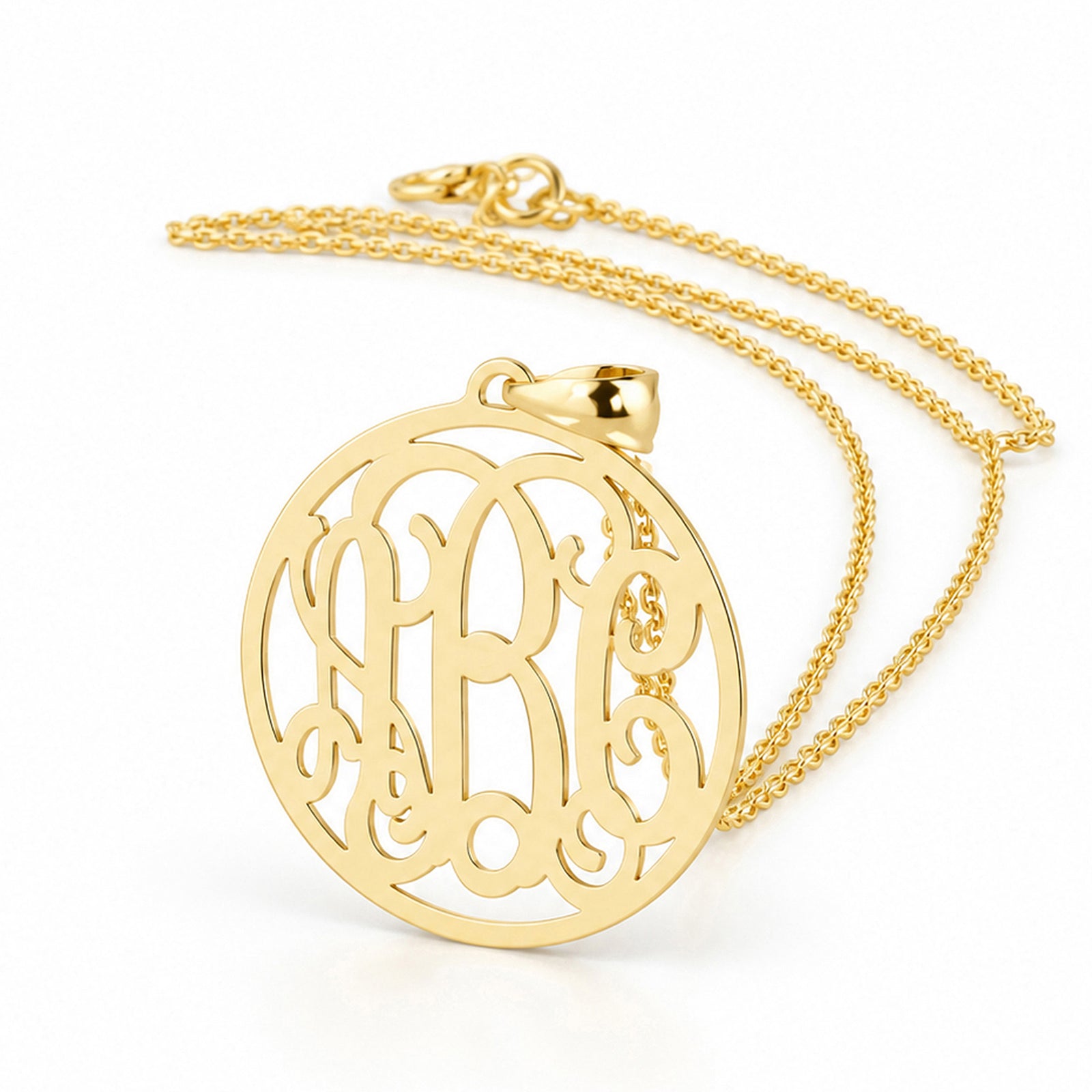 Three-initial solid gold circle monogram pendant on a matching gold chain.