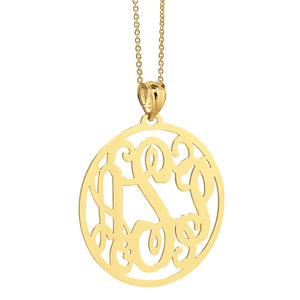 Front view of a 10k or 14k solid gold three-initial circle monogram pendant on a gold chain