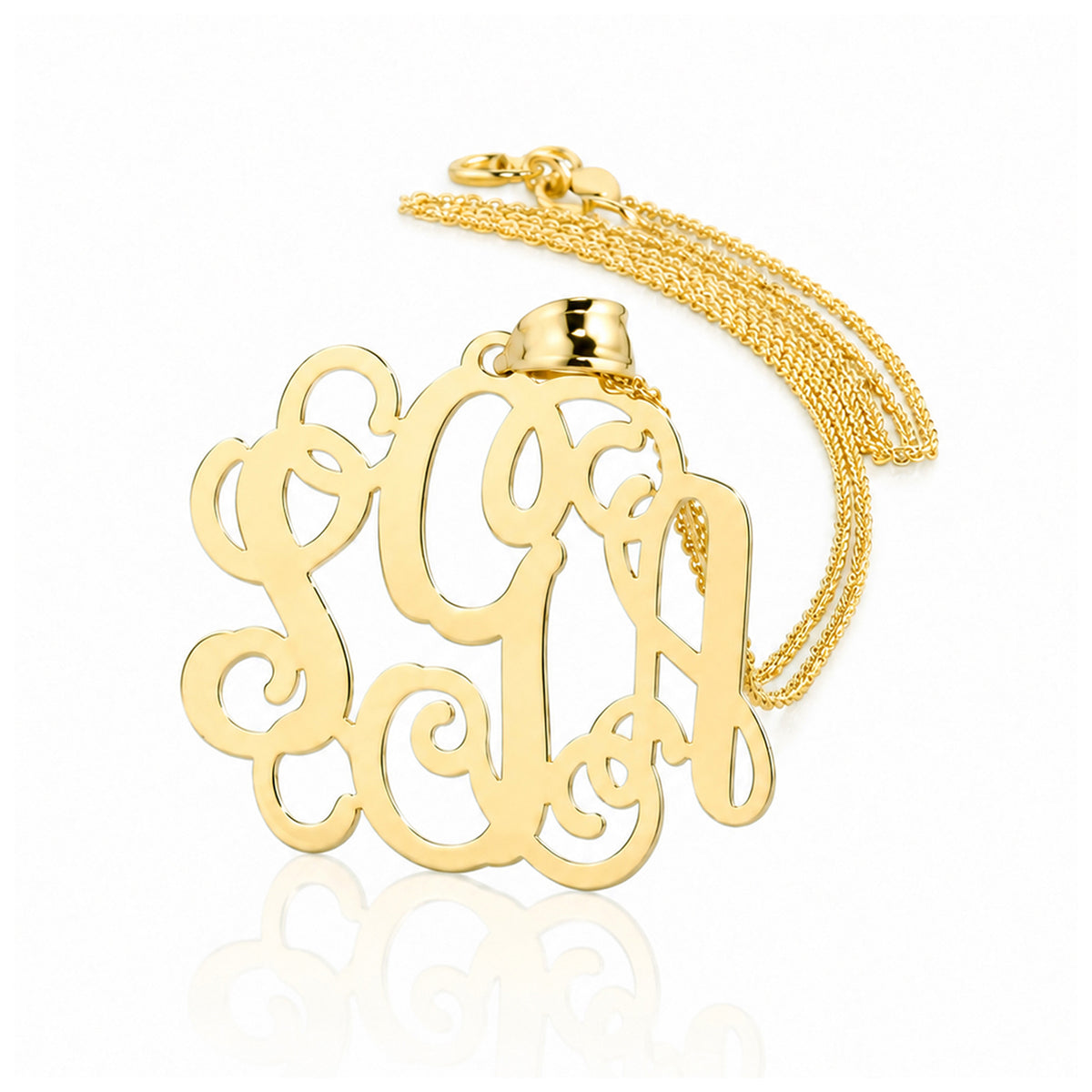 Solid yellow gold three-initial custom monogram pendant on a fine chain.