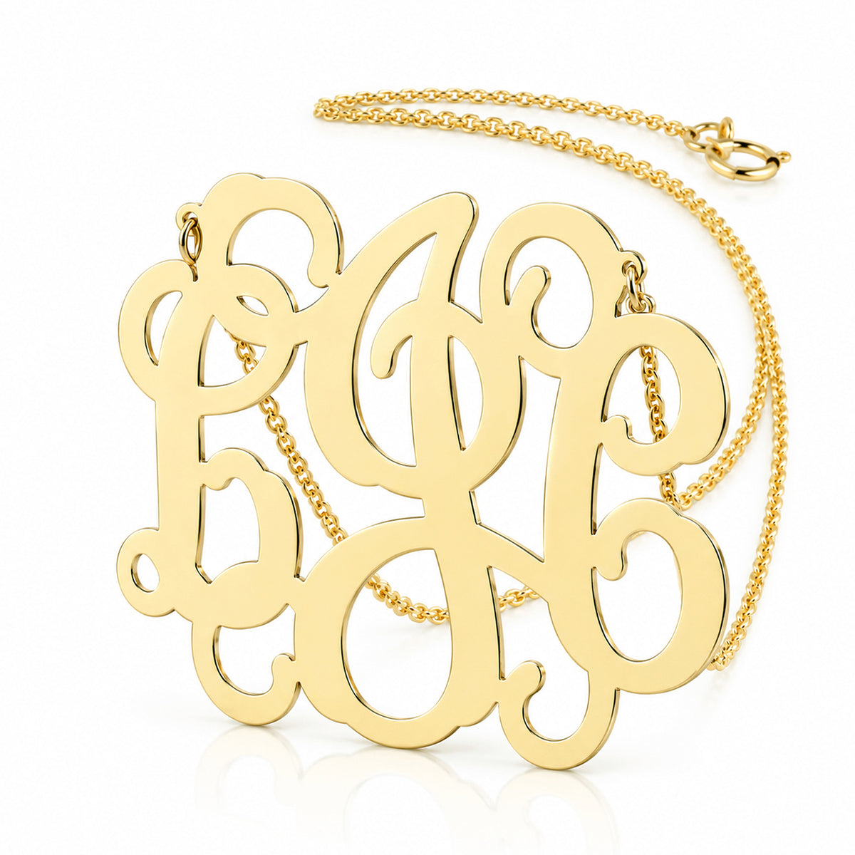 Custom solid gold three-initial monogram necklace