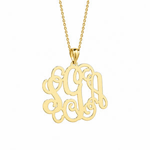 Solid yellow gold three-initial custom monogram pendant centered on a white background.