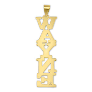 Close-up detail of a custom 10k or 14k solid gold vertical block name charm featuring polished finish and precise bail attachment.