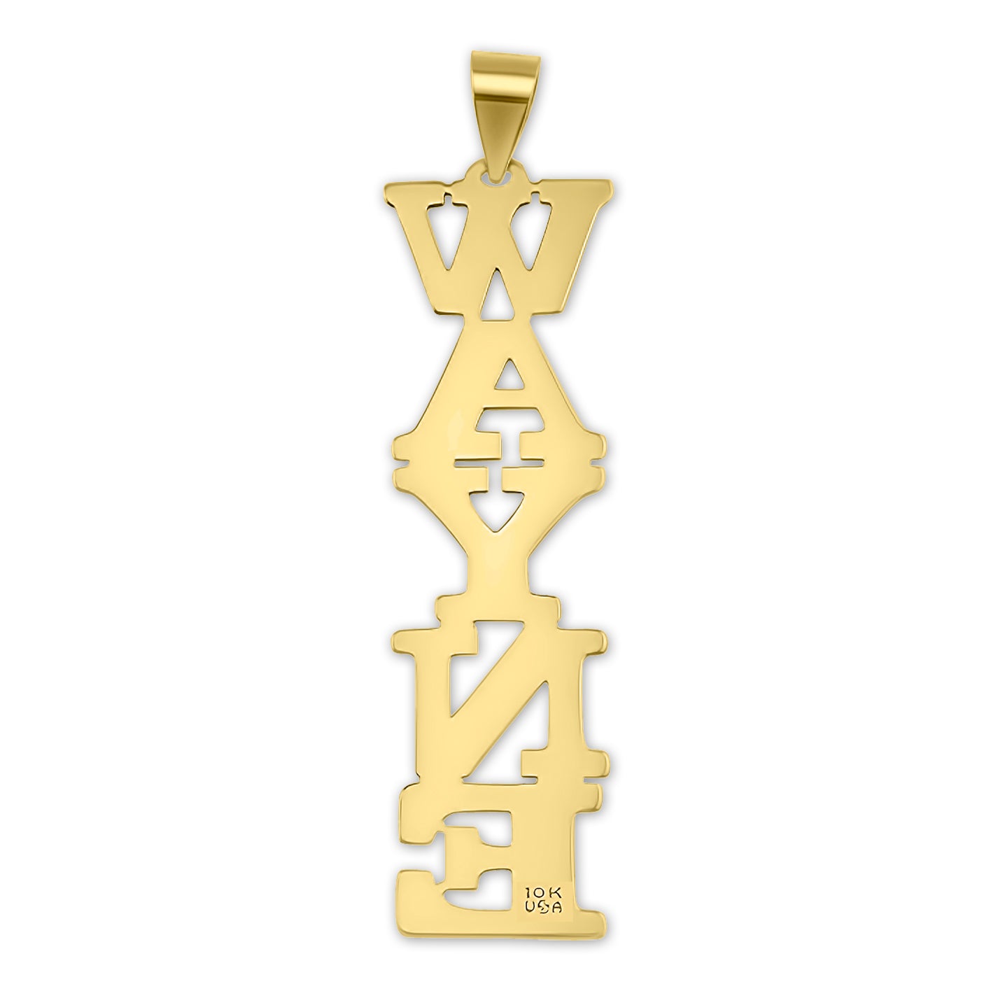 Close-up detail of a custom 10k or 14k solid gold vertical block name charm featuring polished finish and precise bail attachment.
