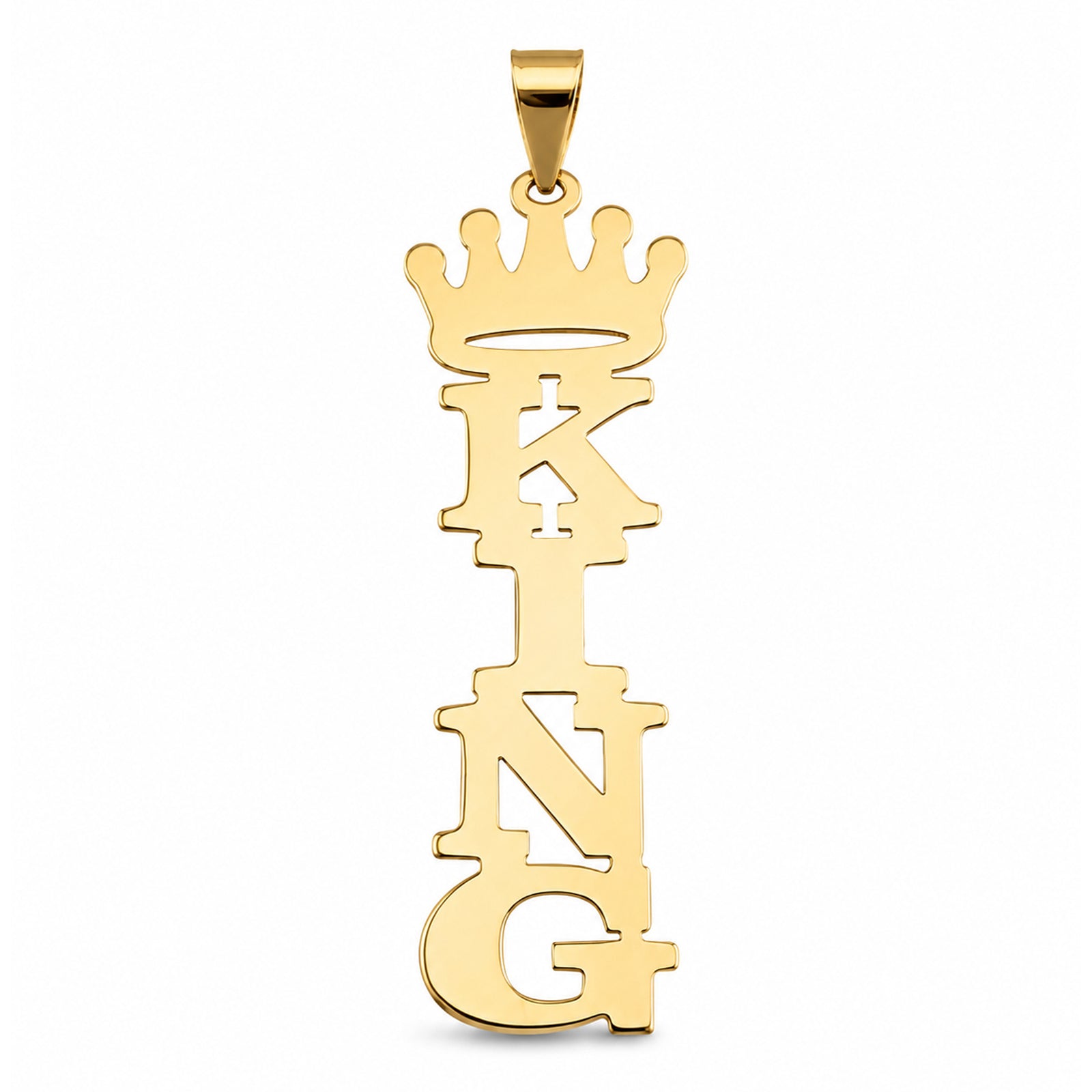 Solid gold vertical KING nameplate pendant with crown and polished bail on a white background