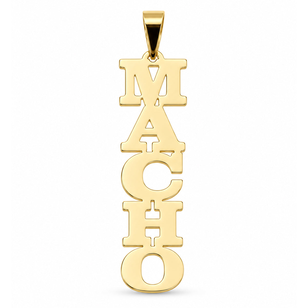 Solid yellow gold vertical block letter nameplate pendant spelling MACHO, front view.