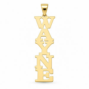 Solid yellow gold vertical block letter nameplate pendant spelling WAYNE, front view.
