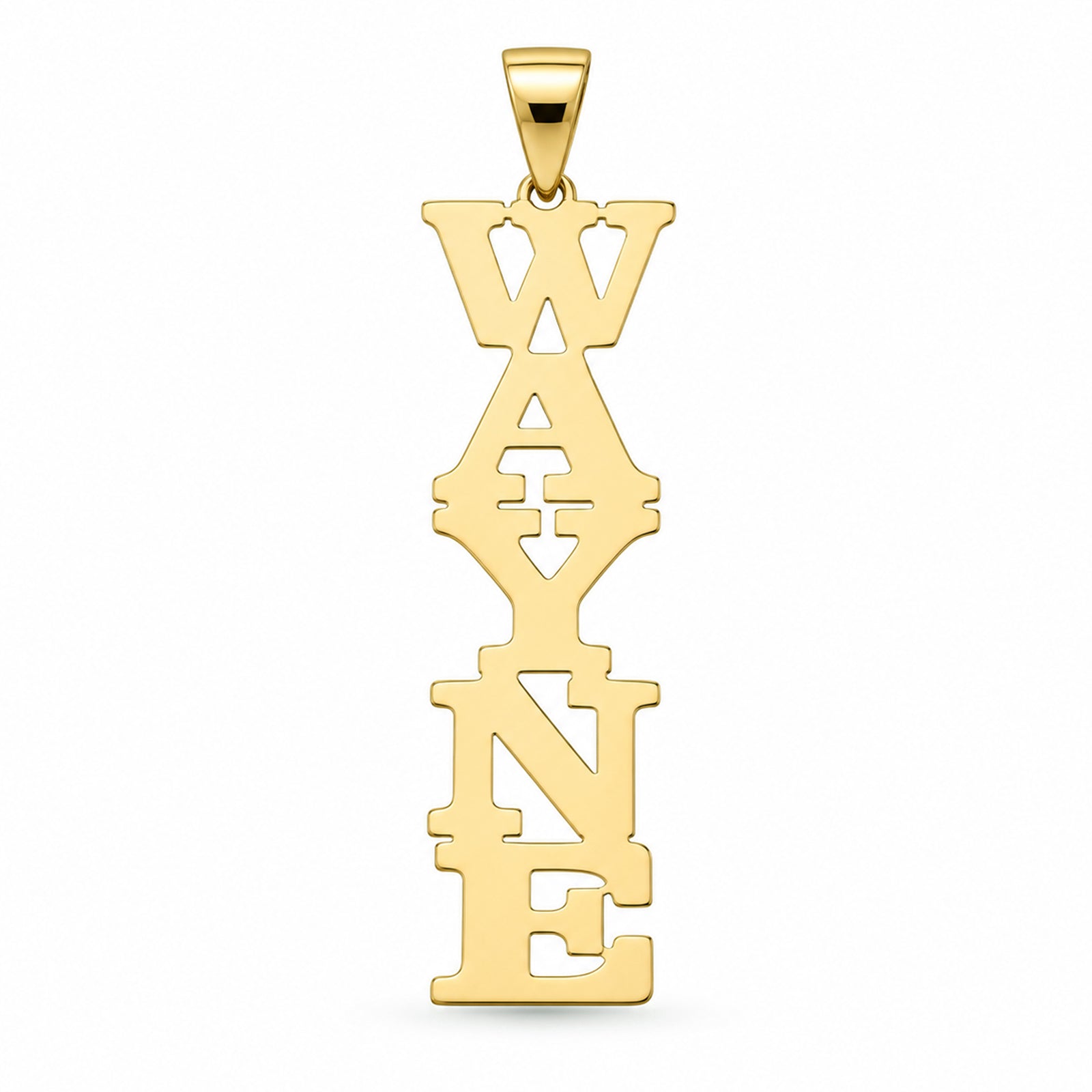 Solid yellow gold vertical block letter nameplate pendant spelling WAYNE, front view.
