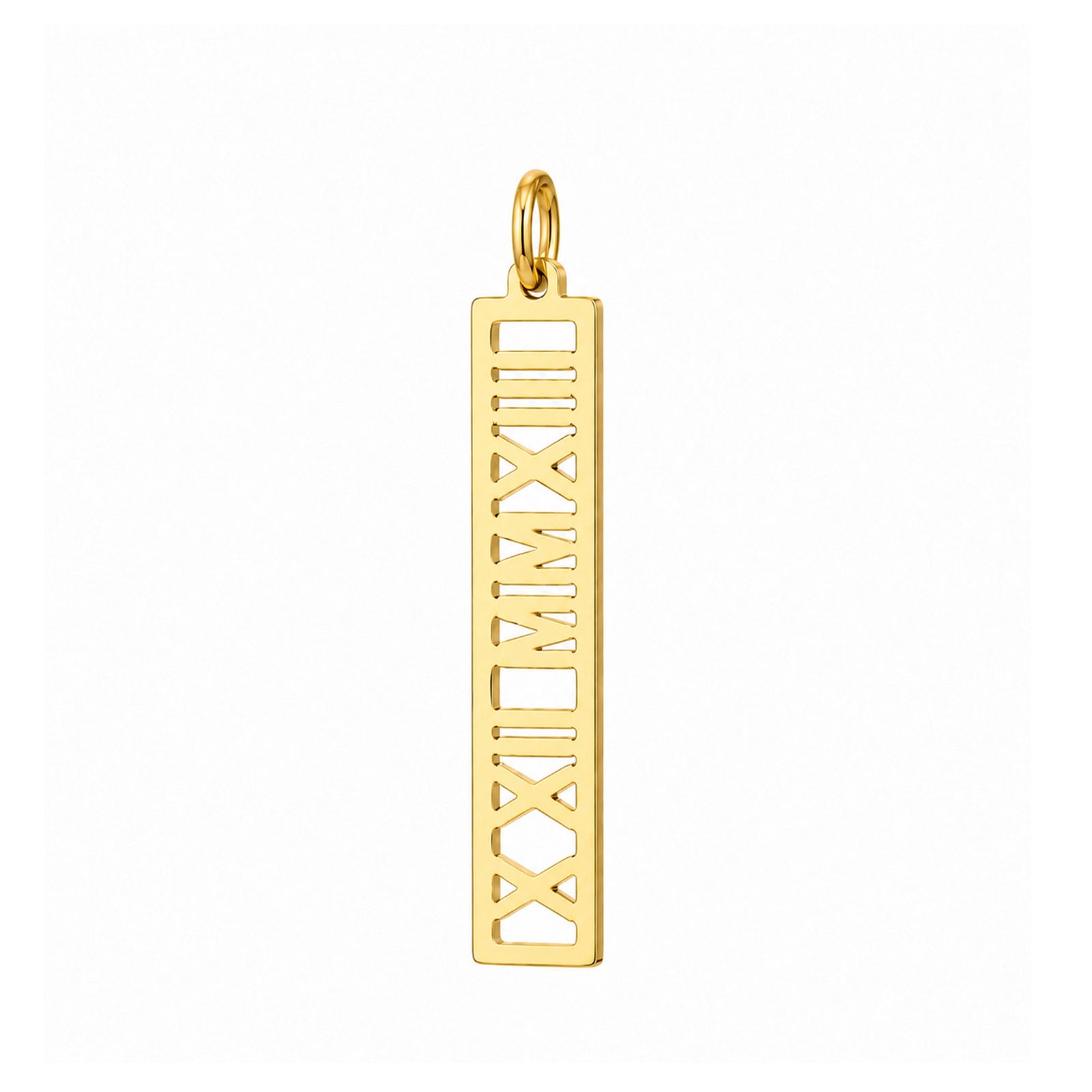 Solid yellow gold vertical bar pendant with cut-out Roman numerals, shown without a chain