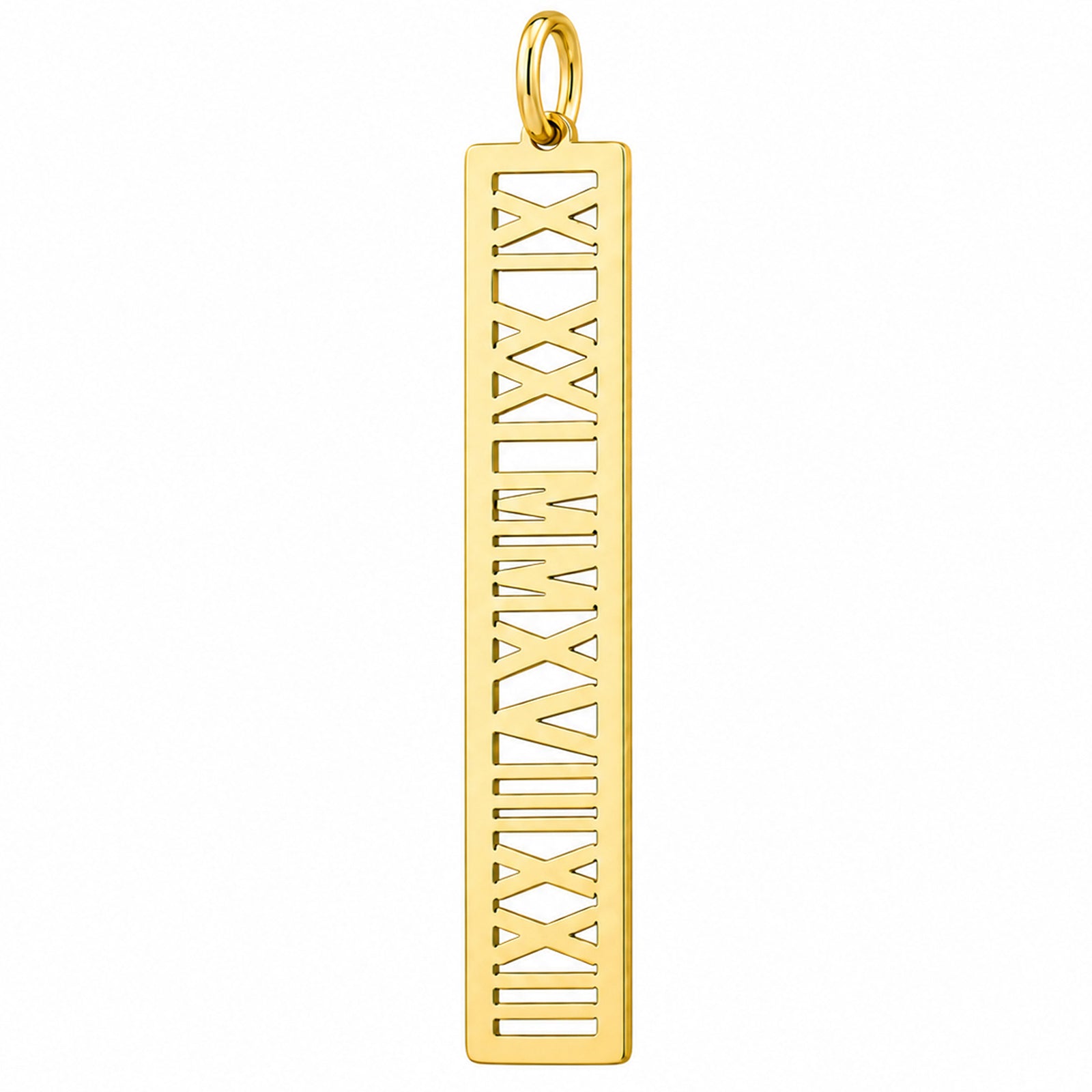 Yellow gold vertical bar pendant with cutout Roman numerals and a bail on a white background