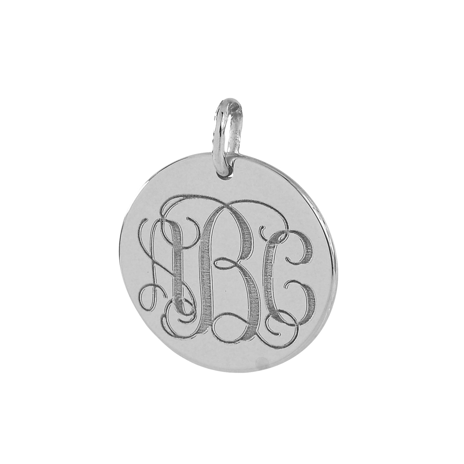 Close-up of a solid white gold deep-laser engraved monogram disc pendant charm.