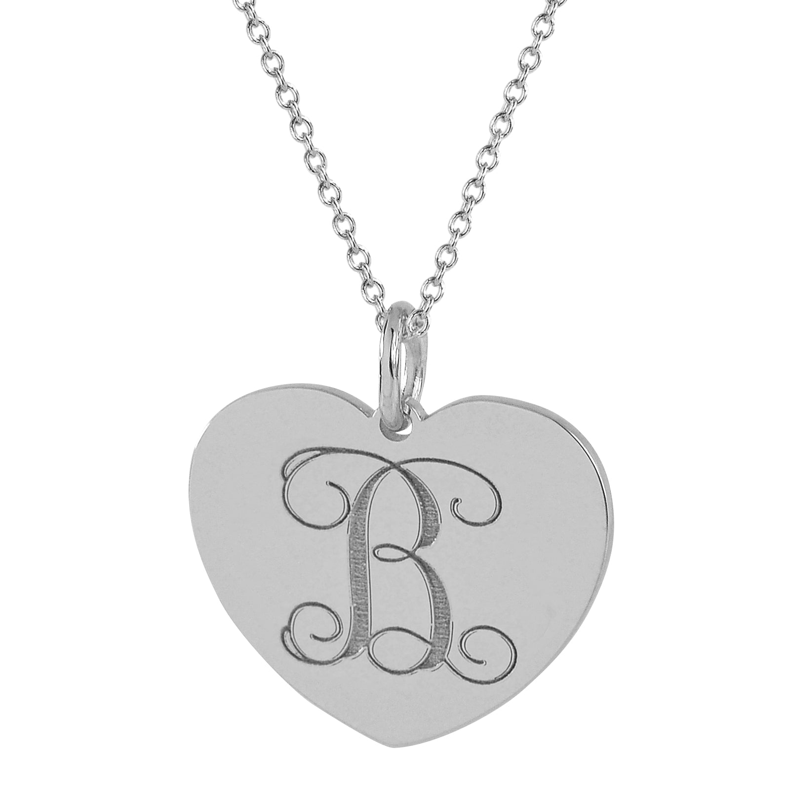 Solid white gold laser engraved heart disc initial charm pendant with chain