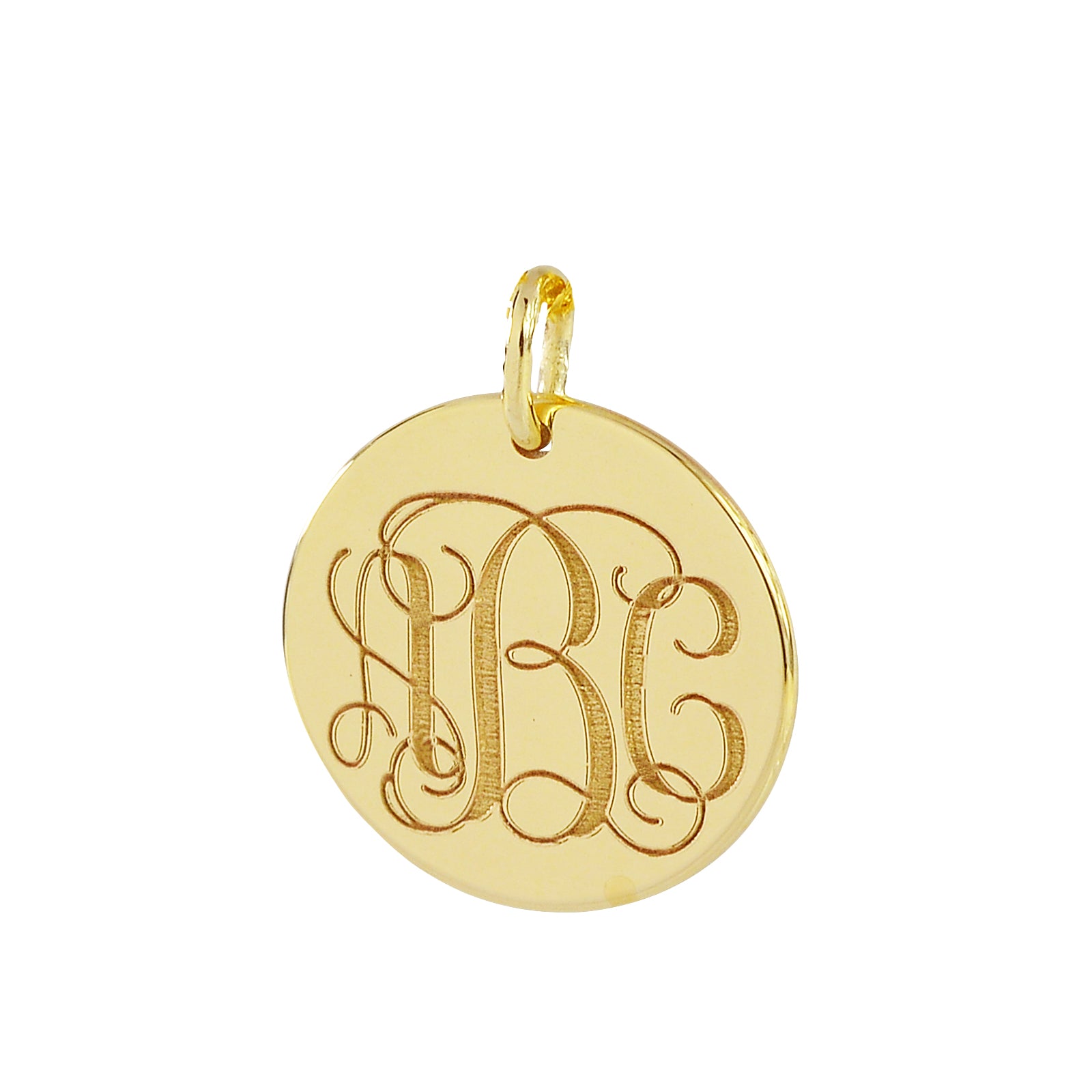 Solid 10k/14k yellow gold disc pendant featuring a 3-initial custom monogram engraving.