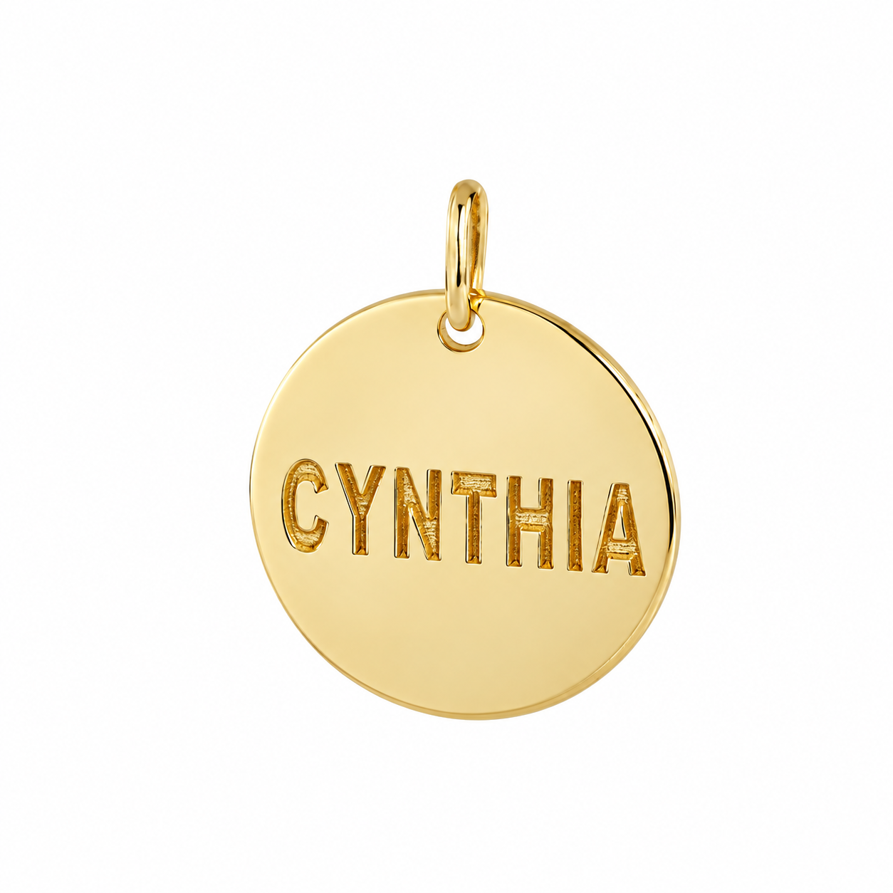 Close up of a solid yellow gold round disc charm pendant custom laser engraved with the name Cynthia.