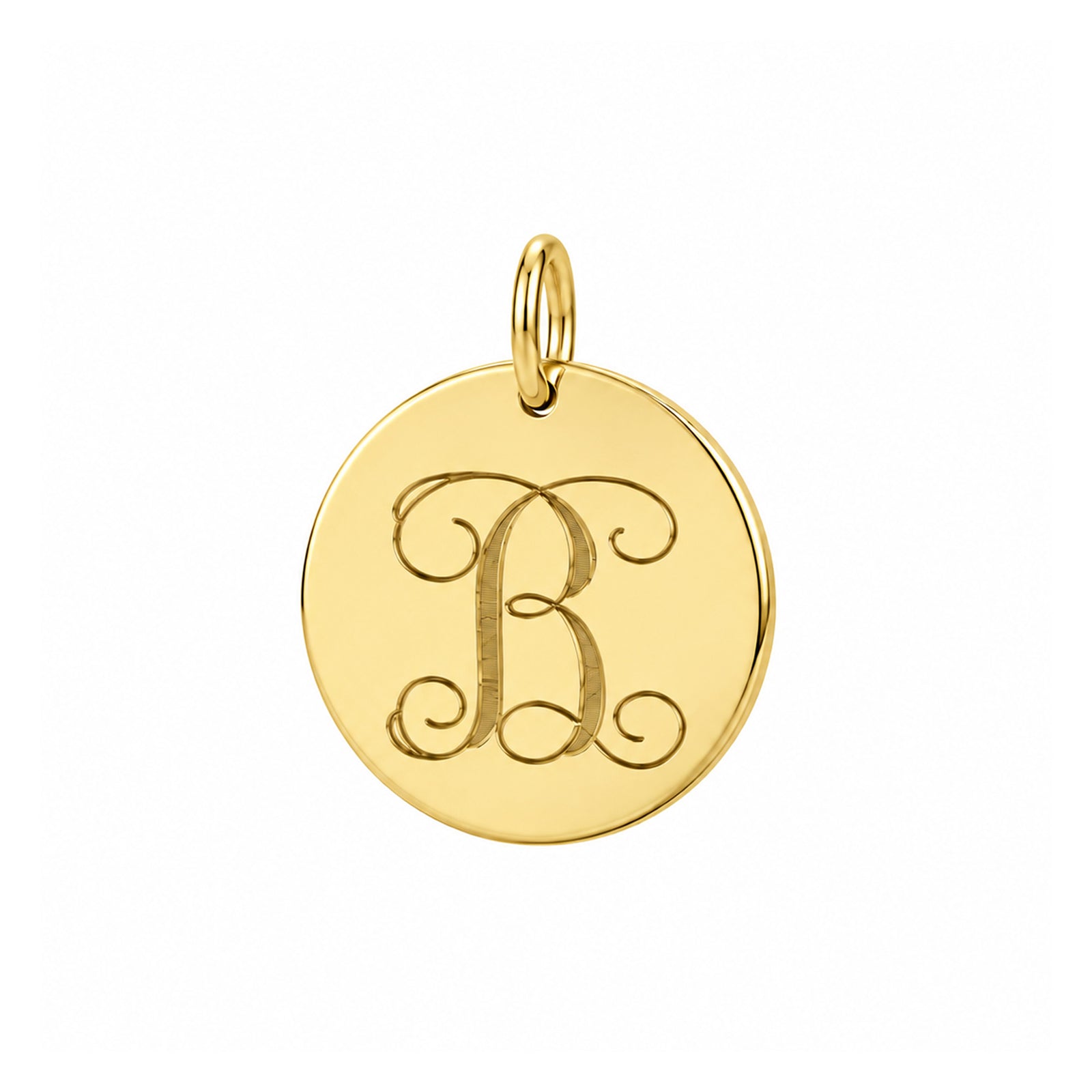Solid yellow gold round disc pendant with an engraved script B initial and polished finish.
