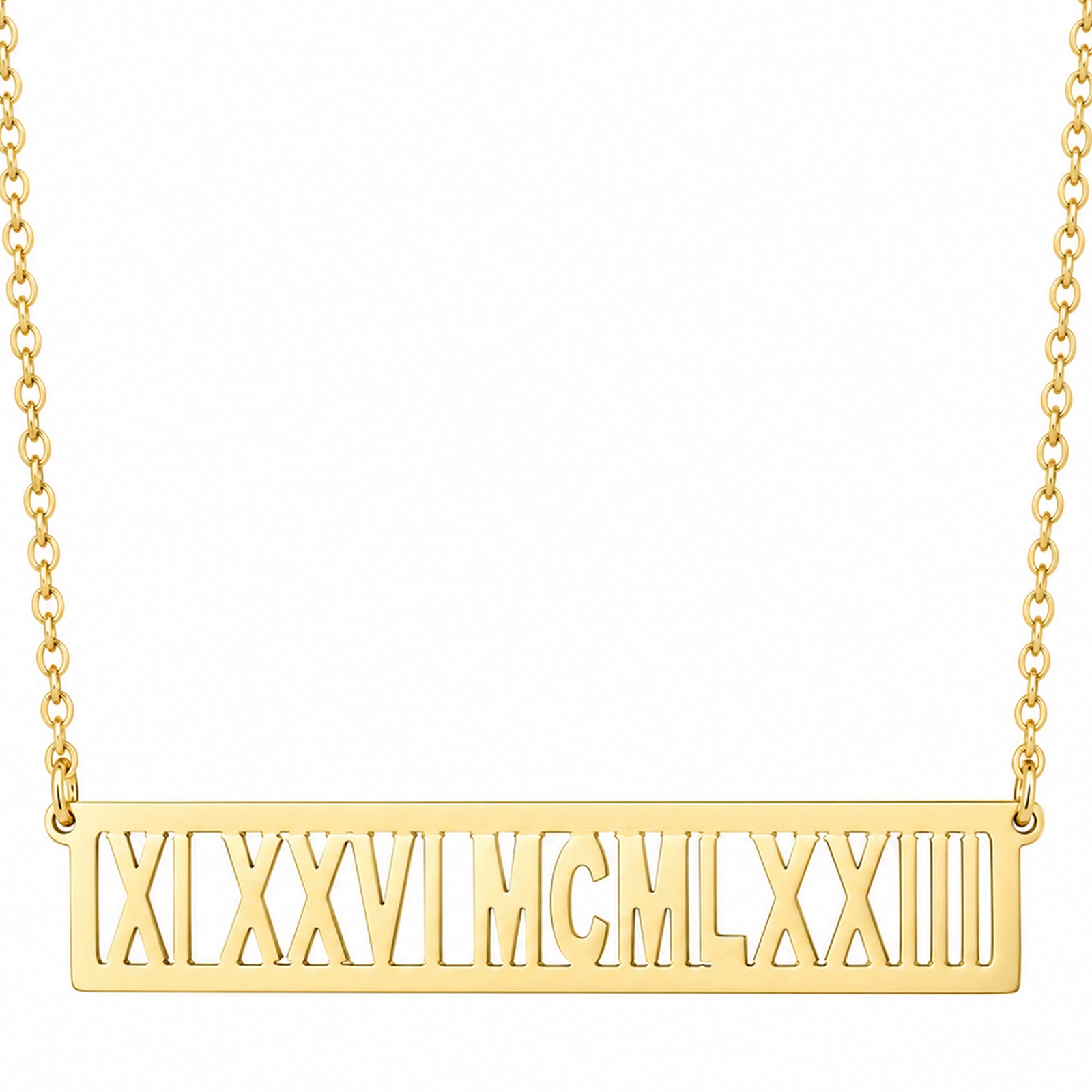 Yellow gold horizontal bar necklace with cut-out Roman numerals on a fine chain.