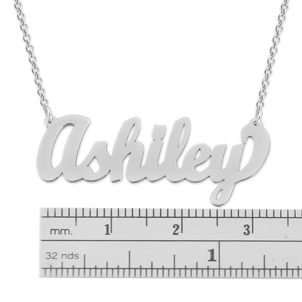 Dimension measurement diagram showing a sterling silver cursive nameplate measuring 1.25 inches (32 mm) wide.
