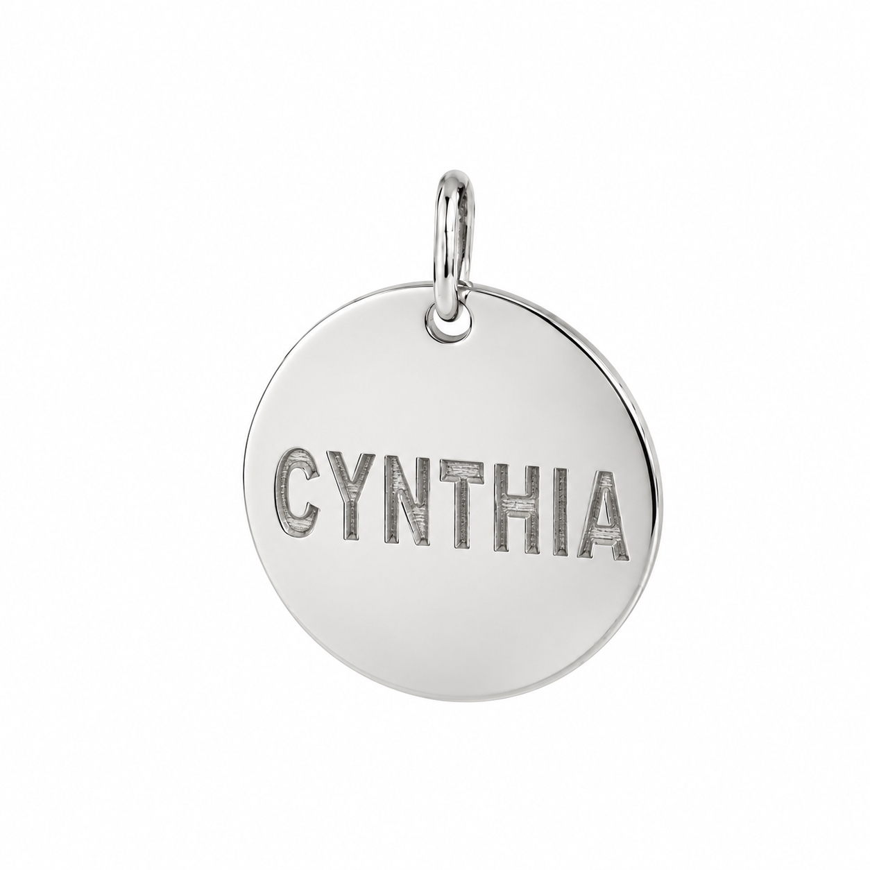 Solid white gold personalized round disc charm pendant laser engraved with the name Cynthia.