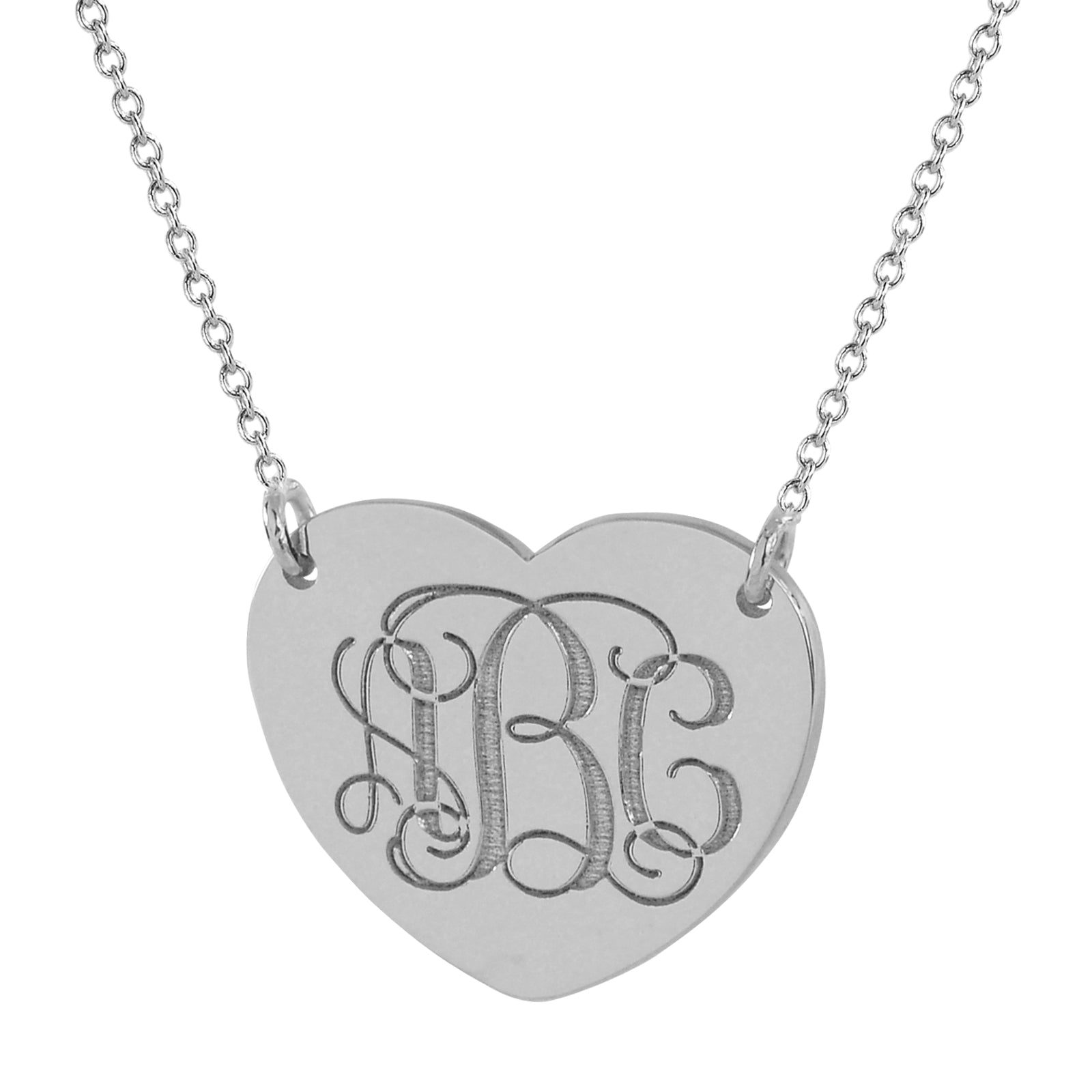 Custom laser-engraved 3-initial heart charm necklace in solid white gold.