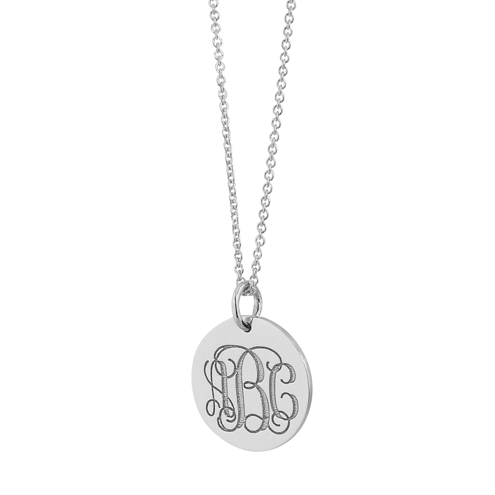White gold custom monogram disc pendant charm displayed on a matching Rolo chain.