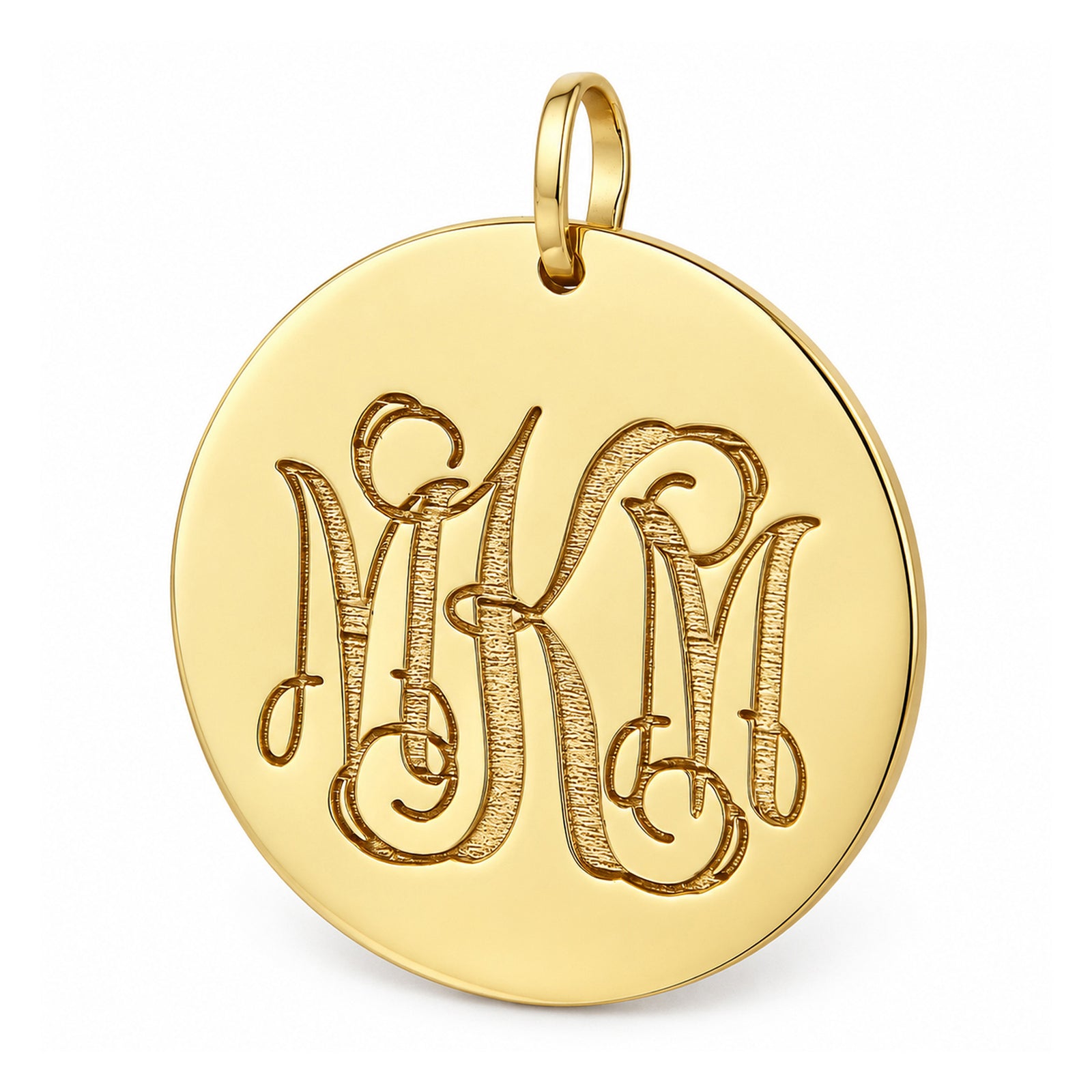 Yellow gold 1-inch disc pendant with engraved three-initial monogram and bail, front view