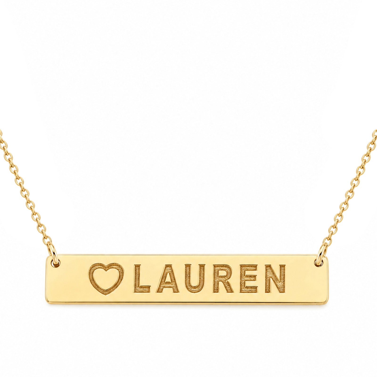 Yellow gold horizontal bar necklace engraved with LAUREN and an outlined heart, shown on a white background.