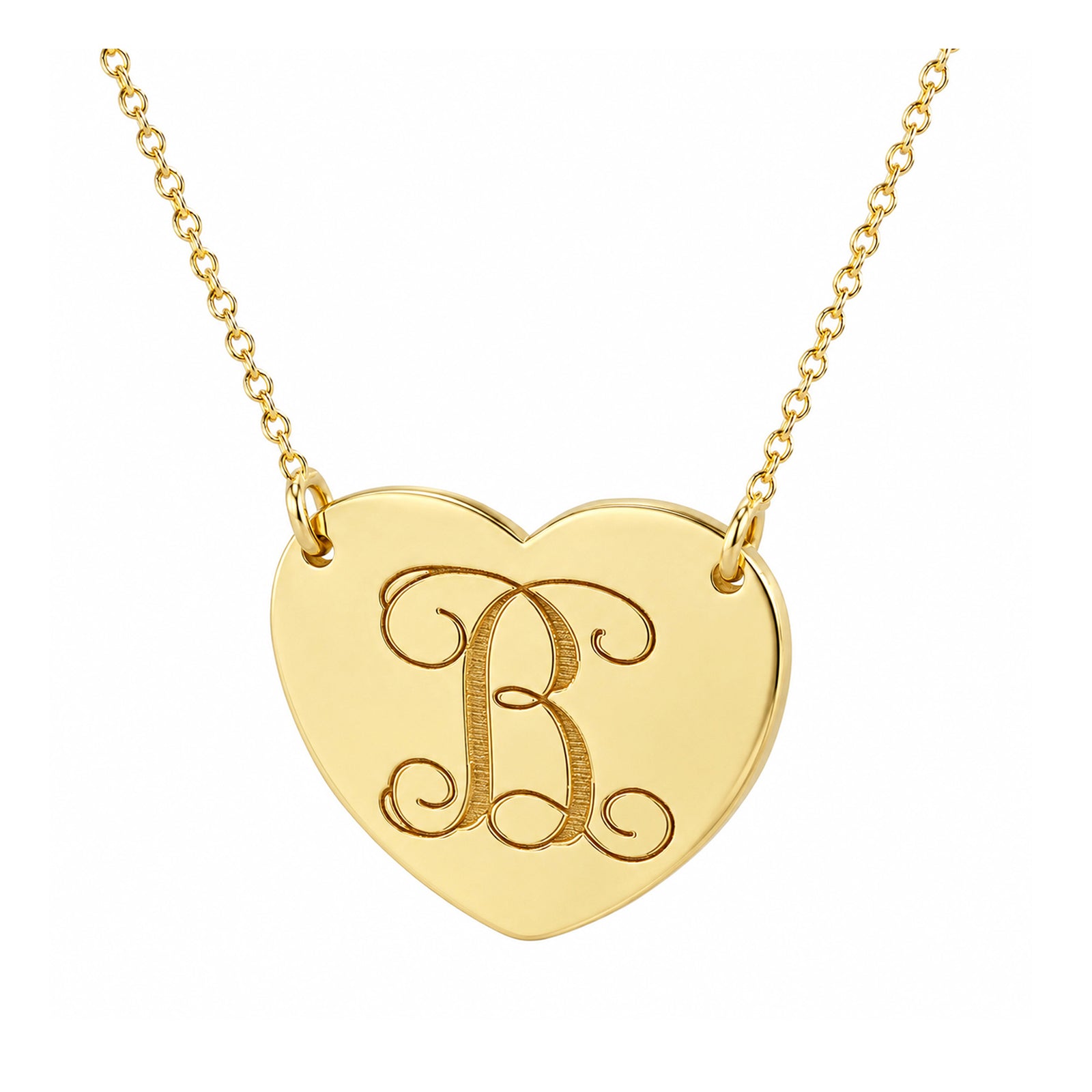 Yellow gold heart necklace engraved with a script B initial on a matching chain
