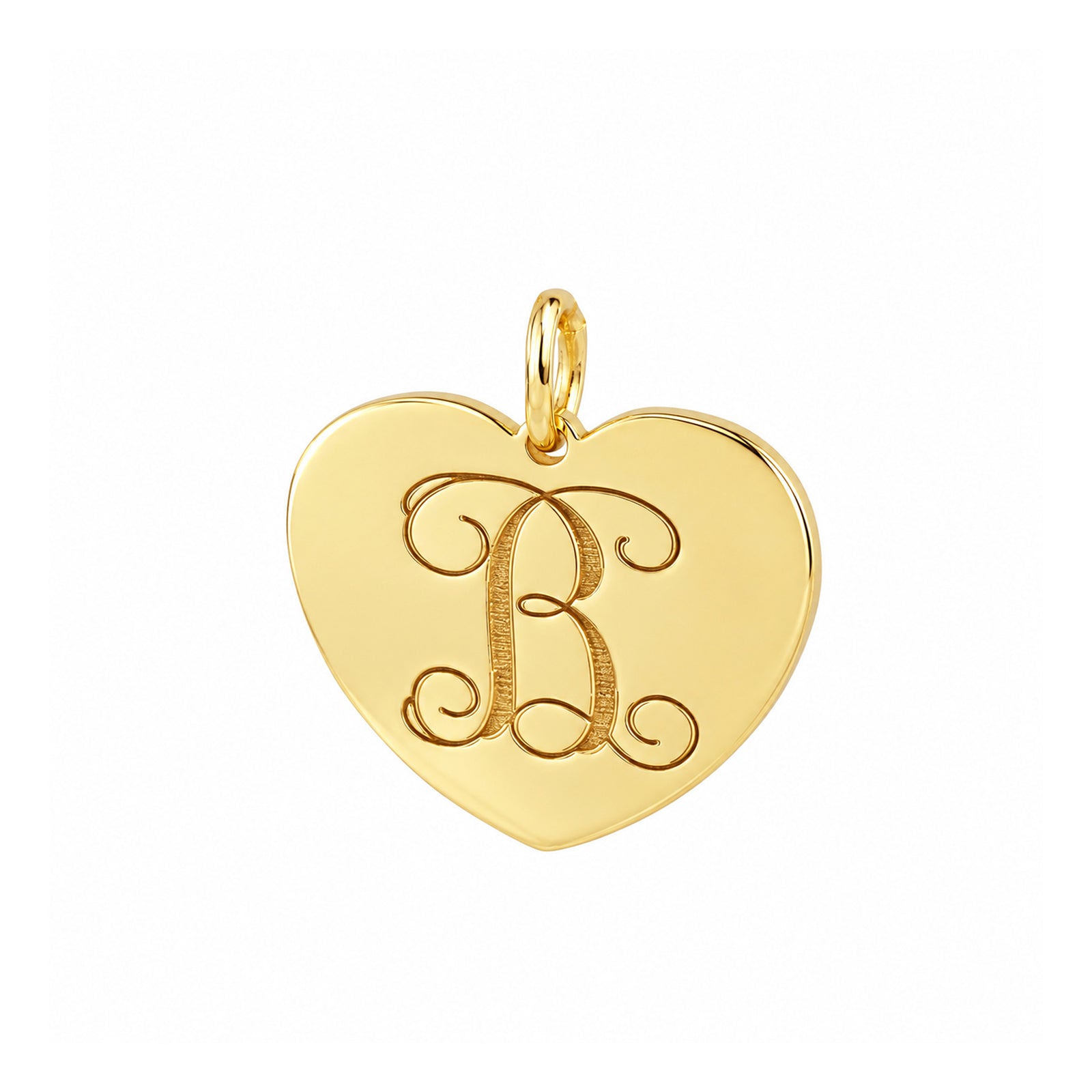 Polished yellow gold heart pendant with an ornate engraved B initial and bail