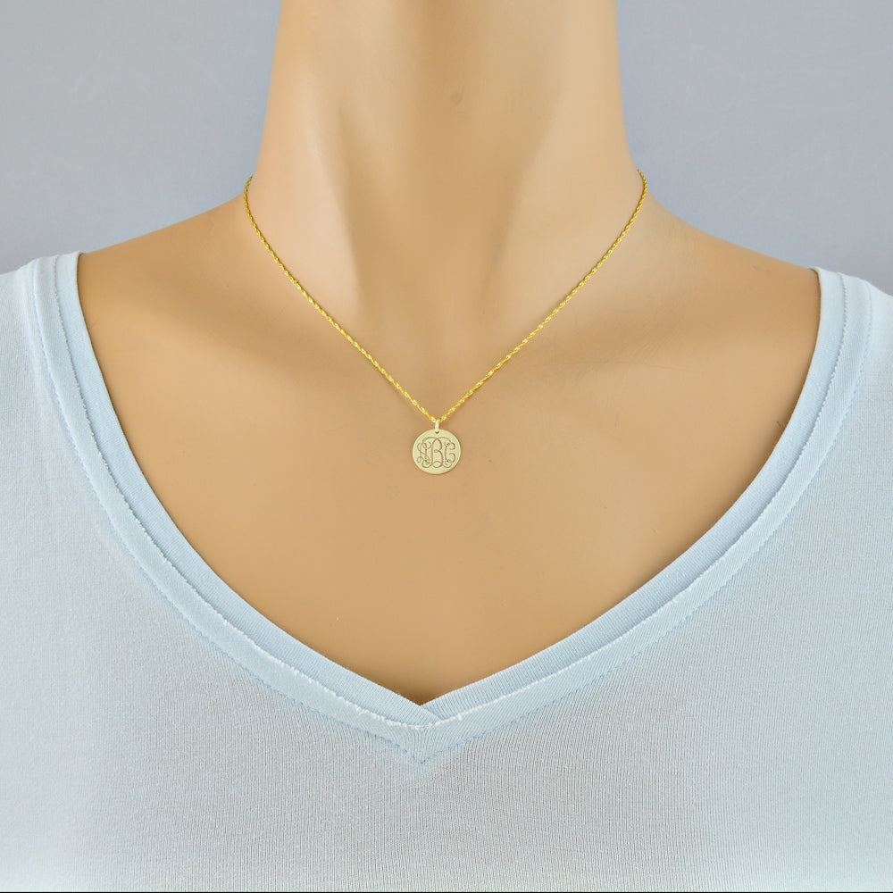 Solid gold 3 initials monogram engraved disc pendant charm with a 16 inches Singapore chain