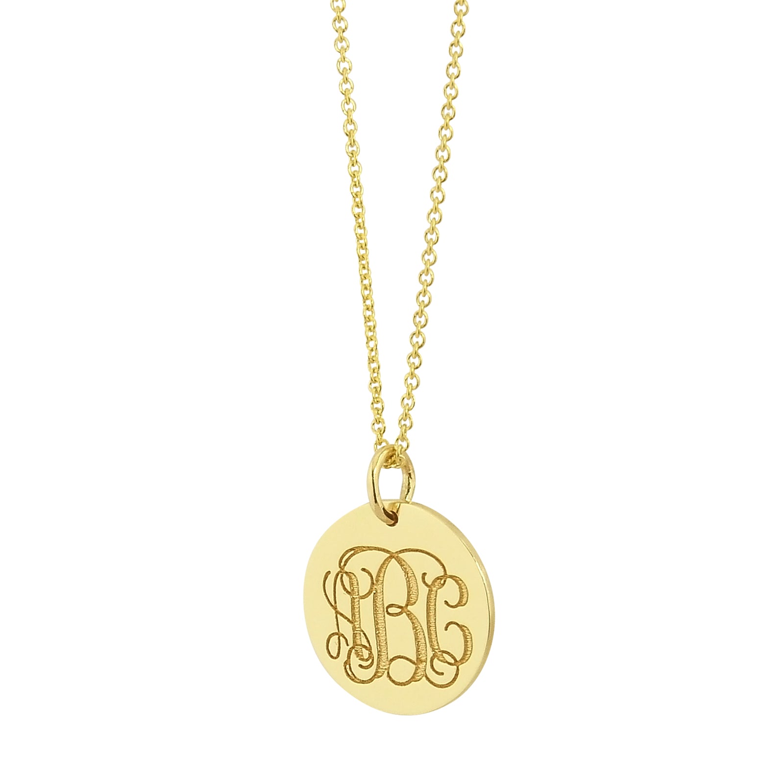 Yellow gold custom monogram engraved disc pendant charm displayed on a Rolo chain.