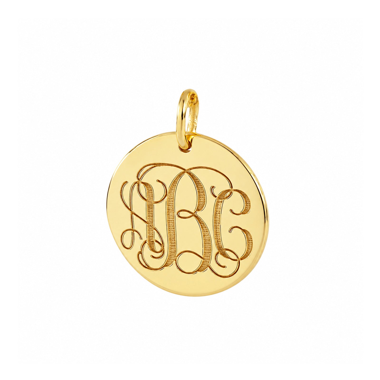 Polished yellow gold round disc pendant engraved with three script initials and fitted with a matching bail.