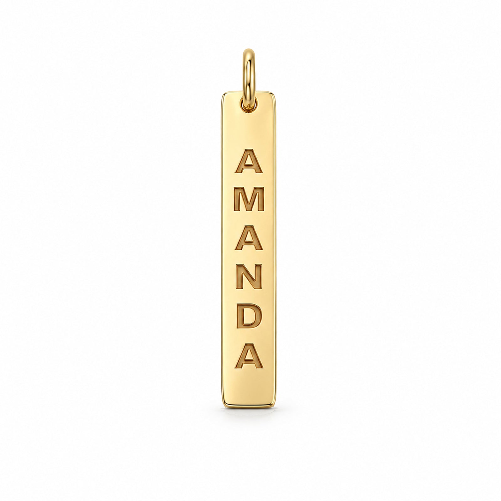 Yellow gold vertical bar pendant engraved with AMANDA, shown without a chain on a white background.