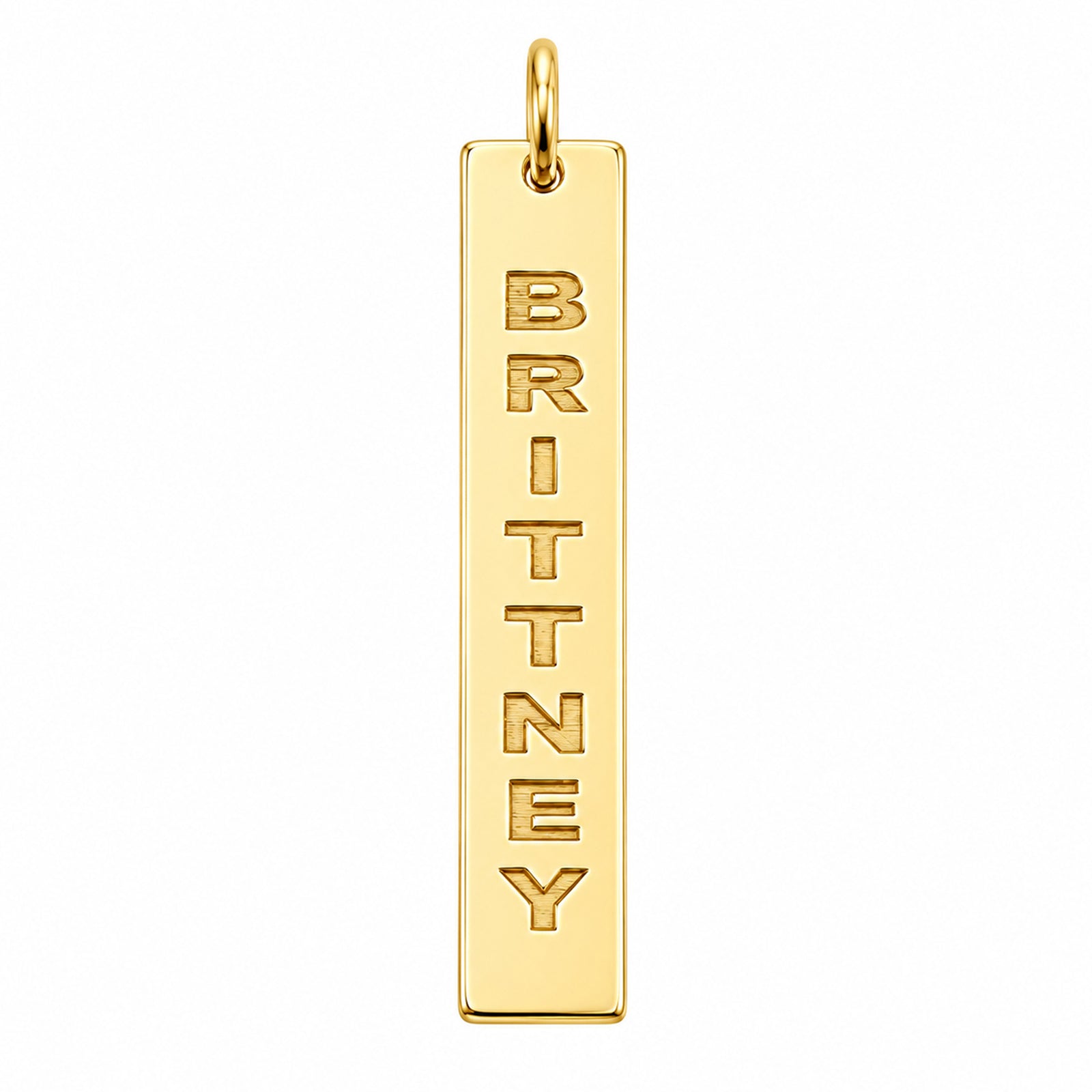 Yellow gold vertical bar pendant engraved with BRITTNEY, shown without a chain on a white background.