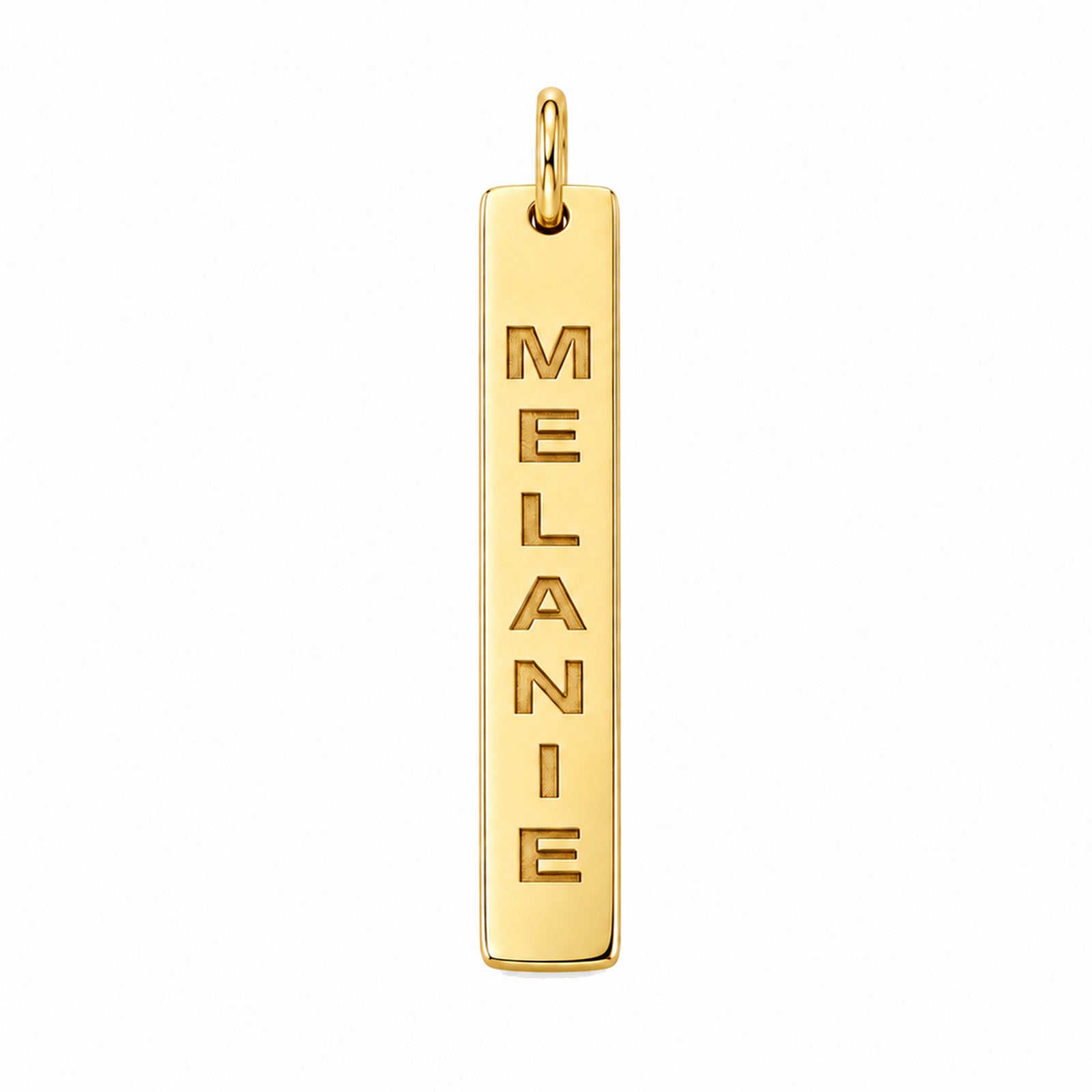 Yellow gold vertical bar pendant engraved with MELANIE, shown without a chain on a white background.