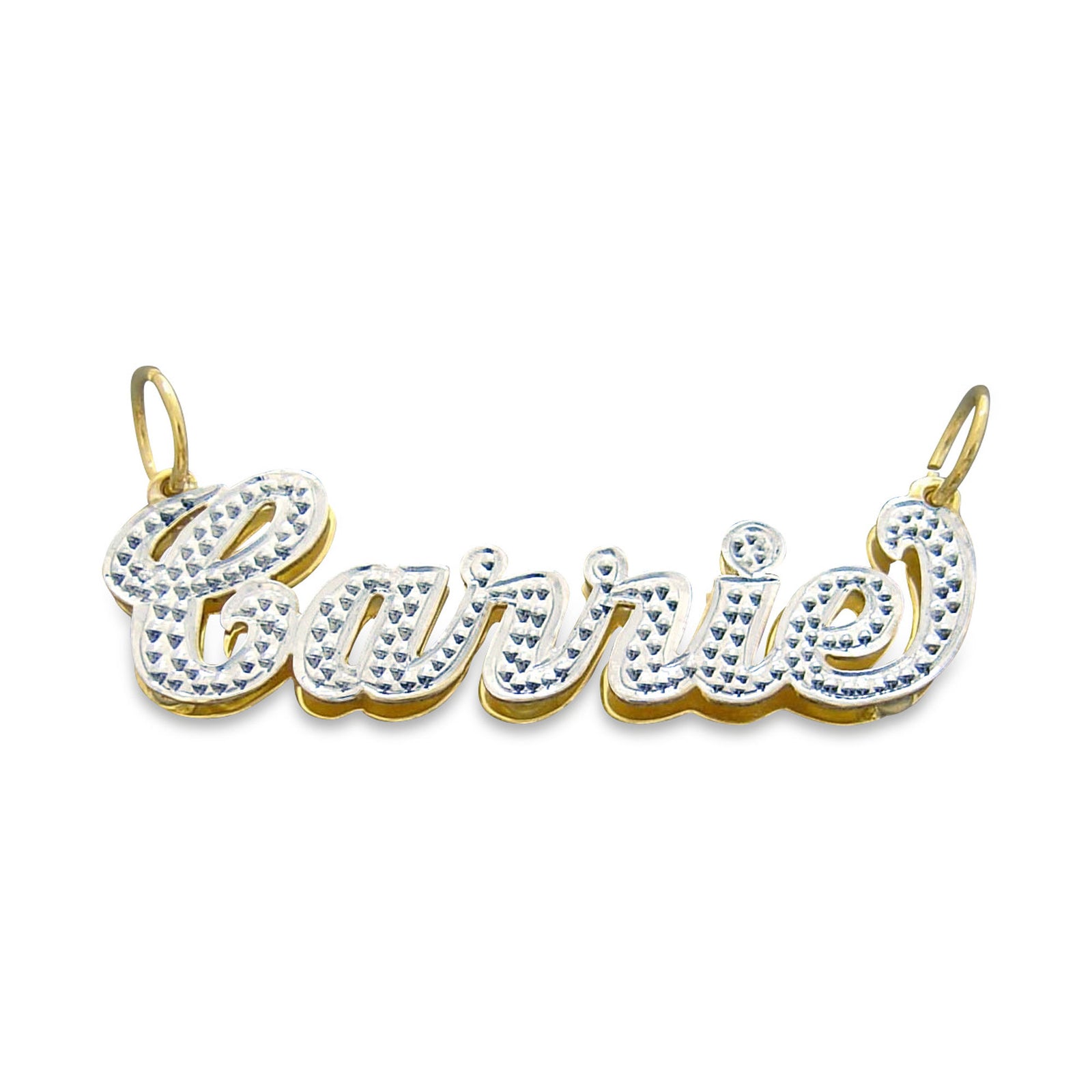 Custom 1.5-inch 3D double plate iced out gold name pendant featuring script lettering for the name Carrie.