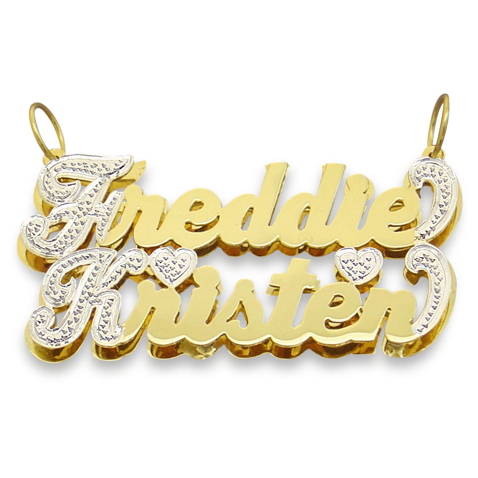 Custom 10K or 14K solid gold 3D double-plate couple name pendant featuring the names Freddie and Kristen in fancy script with diamond-cut rhodium accents.